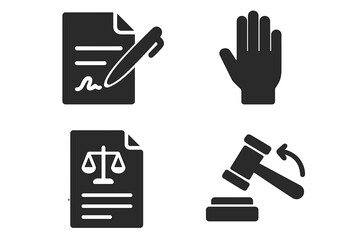Legal glyph icon set for law and justice. Includes contract signing, objection or oath hand, lawsuit document with scales, and judge gavel for verdict or auction concept.