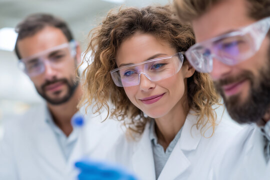 Three scientists wearing lab coats