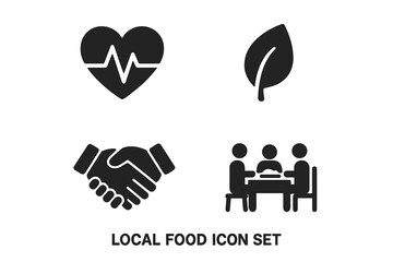 Local food icon set. Solid glyphs of farm to table benefits, community support, heart health, eco leaf, handshake deal, and family meal. Sustainable agriculture.