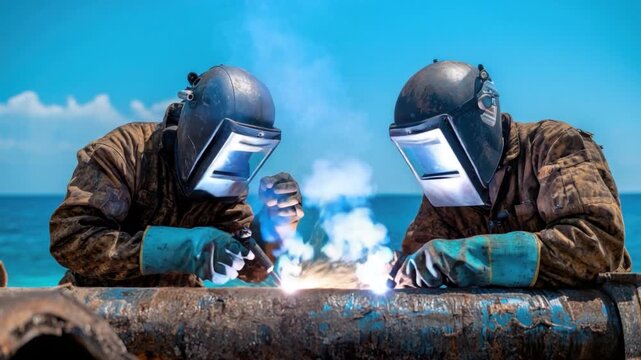Skilled workers performing welding on metal pipe near the sea under bright sunlight showcasing teamwork and precision in industrial setting 4k video footage
