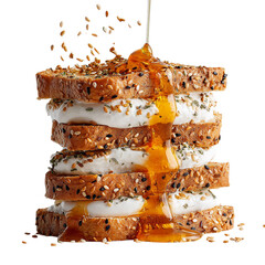 Stacked sesame toast with whipped cream and honey on transparent background