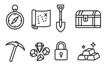 Treasure Hunter Tools Icon Set with Compass, Map, Shovel, Chest, Pickaxe, Gems, Lock, and Gold Bars - Outline Vector Illustration for Adventure and Exploration