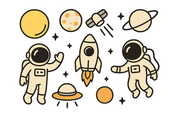 Creative minimalist space exploration vector with astronauts, spaceships, planets, stars, UFO, and celestial bodies in cartoon style for sci-fi and astronomy designs