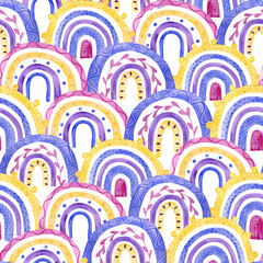 A Vibrant Rainbow Arch Pattern on a White Background, a bright and cheerful watercolor seamless design for energetic children's projects, modern prints, and creative designs.