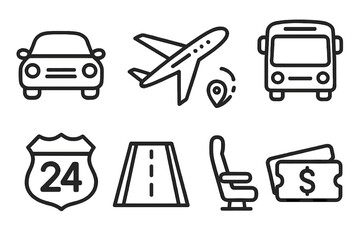 Transportation icons representing vehicles, travel routes, seating, and pricing information in a simple, clean vector cartoon style illustration for travel and transport concepts