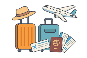 Travel Essentials Illustration with Luggage, Boarding Passes, Passport, and Airplane, Preparing for Adventure and Exploration at Airport, Vector Cartoon Clipart