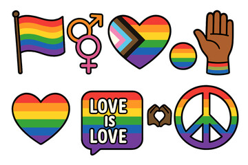 Set of LGBTQIA+ pride icons. Rainbow flag, progress heart, gender symbols, peace sign. Love is love. Vector cartoon stickers for diversity, equality, inclusion and support.