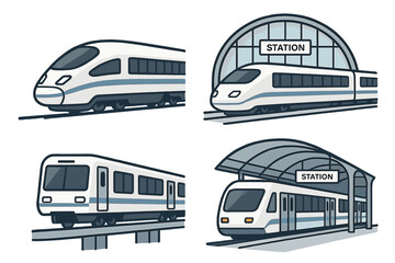 Variety of Modern Trains and Stations Illustrated in a Clean Minimalist Style Representing Efficient Transportation Systems and Urban Transit Solutions, Vector Cartoon Illustration