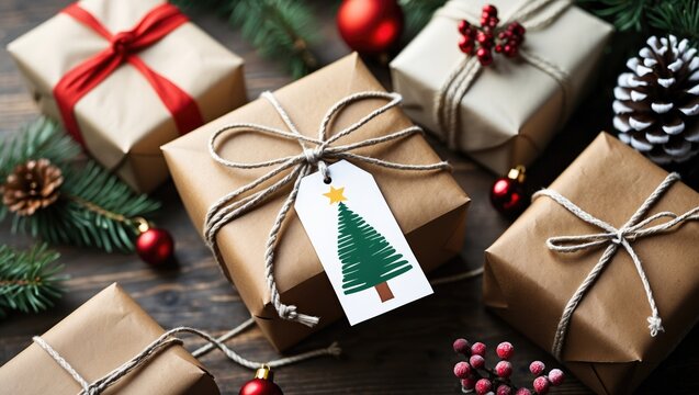 Festive gifts made from craft paper and tied with string for Christmas