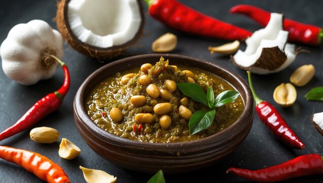 Homemade dry garlic relish crafted with red chili, shredded coconut, and garlic cloves