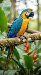 Obraz premium Vibrant Blue and Gold Macaw Perched on a Branch in Lush Rainforest Setting