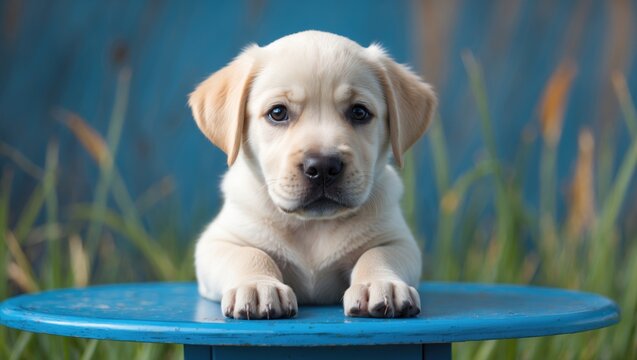 Detailed image of a tiny Labrador puppy at one month old resting on a blue table - Powered by Adobe