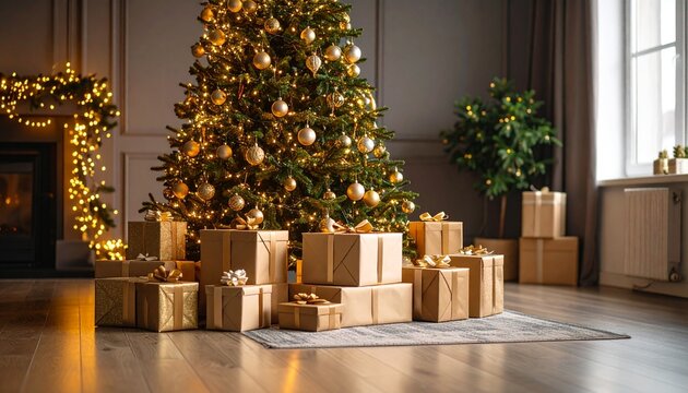 Elegant Christmas tree with golden baubles and lights, surrounded by a generous pile of wrapped gifts in a cozy home interior