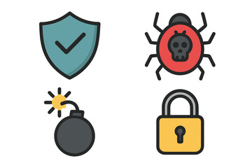 Visual metaphor of cybersecurity threats with icons of shield for protection, red bug symbolizing malware, bomb for cyber attacks, and padlock for data security in vector cartoon style