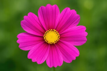 Fototapeta premium Close-up of a striking pink blossom with a yellow core, belonging to the Cosmos genus, with a blurred green background