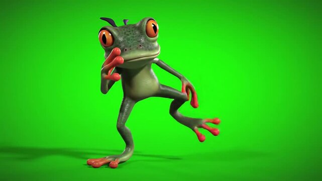 A green cartoon frog with red eyes and feet dancing on a green background with a playful expression.