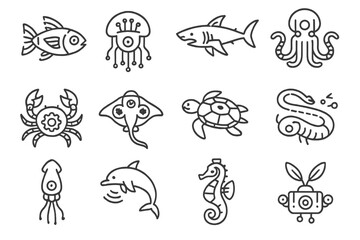 Squid robotic electric turtle fiberoptic vector icons sensors led shell icon gear