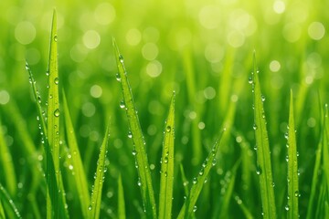 Springtime rain leaves dew-covered grass in the morning