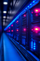 Fototapeta premium Bright blue lights illuminate a server rack filled with intricate hardware components, creating a striking contrast against the dark background