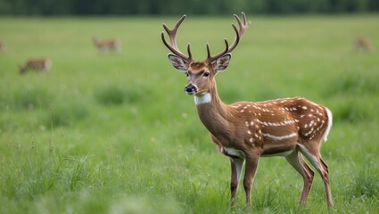 Fallow deer roaming across a vibrant green field.