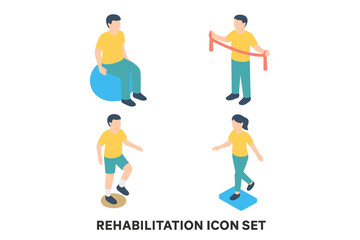 Rehabilitation and physiotherapy icon collection. Isometric vector illustrations of patients exercising for recovery, balance, and strength with physio ball and resistance band.