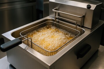 Industrial frying machine with bubbling oil in a restaurant environment