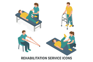 Rehabilitation isometric icons set. Physiotherapy and physical therapy concept. Patient recovery and treatment scenes. Doctor helping patient, man with walker, exercises.