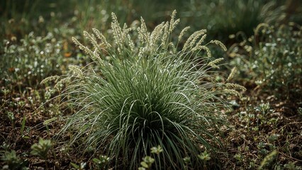 Detailed view of Festuca Heterofilla grass surrounded by garden plants and fresh vegetation