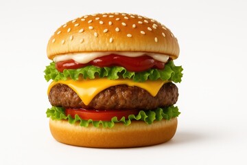 Ultra-detailed classic cheeseburger with juicy beef patty, melted American cheese, lettuce, tomato, ketchup, mayonnaise on white background