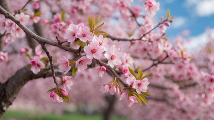 Obraz premium Close-up of a flowering almond tree branch with pink blossoms