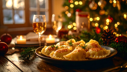 Traditional Polish pierogi dumplings served on a rustic plate with blurred Christmas background.