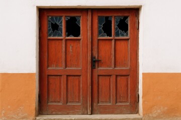 Fototapeta premium Vintage red wooden doors, sealed shut, featuring broken window sections