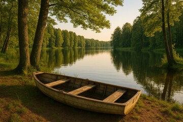 Obraz premium Neglected landscape featuring greenery beside a lake