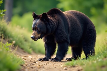 Fototapeta premium Large black bear foraging in deserted summer campsite, bear, campsite