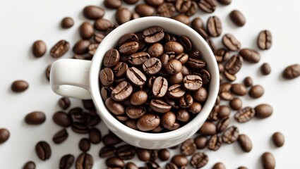 Naklejka premium Coffee beans resting in a cup against a plain white backdrop