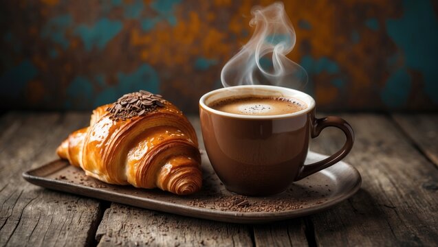 Breakfast essentials: a steaming cappuccino paired with a buttery croissant
