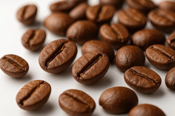 Naklejka premium Close-up of roasted coffee beans focusing on texture and detail