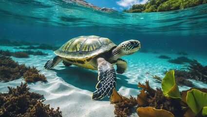 Obraz premium Tropical Ocean Habitat Featuring a Green Sea Turtle and Diverse Marine Life