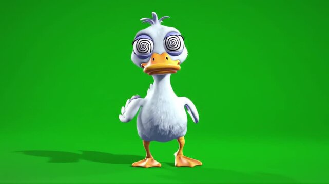 A cartoon duck with a comically surprised expression stands on a green background waving one wing in a digitally rendered image.