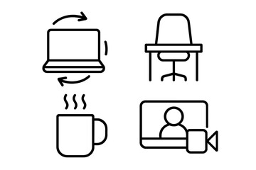 Remote work thin line icon set. Home office, freelance, and telecommuting vector symbols. Online meeting, video call, empty desk, laptop, and coffee mug icons for business.