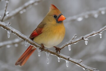 Fototapeta premium Bird perched on icy branch featuring a female Northern Cardinal