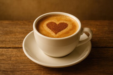 Fototapeta premium Wooden table featuring a coffee cup adorned with a cinnamon heart