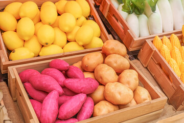 Fresh Fruits and vegetables at a farmer market,raw fruits,nutrition,organic,healthy eating or shopping in a grocery store.