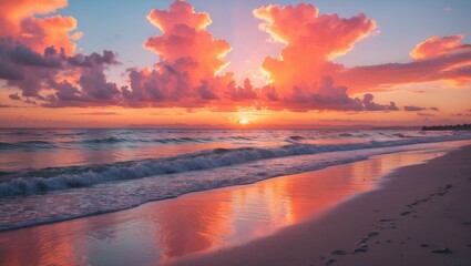 Vivid sunset casting warm colors over a peaceful seaside, with gentle surf and distant outlines enhancing the serene shoreline view