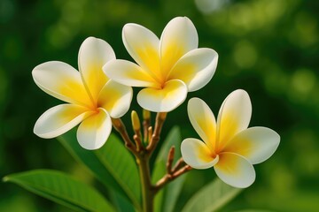 Fototapeta premium Selective focus on vibrant Plumeria blossoms in a sunny garden setting