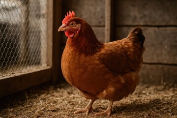 Detailed view of a couch and a hen in a coop setting