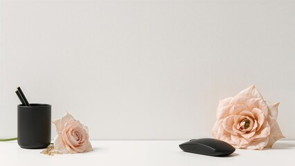 Desk area with office items and open space. Light neutral setting for product presentation.