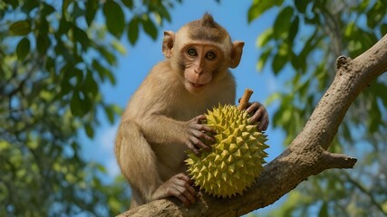 Playful baby monkey holding durian fruit on tropical tree branch