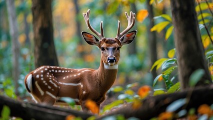 Deer living freely in the wild habitat