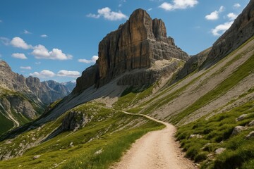 Scenic perspective of Monte Cengia seen along Trekking Trail 104 leading to Rifugio Pian di Cengia, via Forcella Pian di Cengia, in the Dolomites.